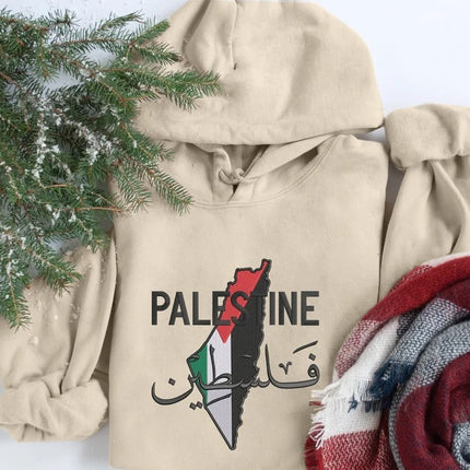 Embroidered Palestine Map Flag Hoodies, Palestine Arabic Calligraphy Name Pullover Jumper, Adults Sizes Unisex Sweater, Palestine Clothing