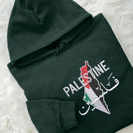 Embroidered Palestine Map Flag Hoodies, Palestine Arabic Calligraphy Name Pullover Jumper, Adults Sizes Unisex Sweater, Palestine Clothing