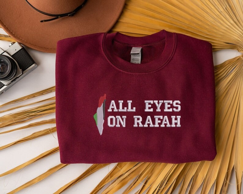 All Eyes On Rafah Embroidered Sweatshirt, Palestine Flag Map Sweater, Palestine Clothing, Prefect Embroidery, Adults Sizes