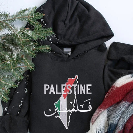 Embroidered Palestine Map Flag Hoodies, Palestine Arabic Calligraphy Name Pullover Jumper, Adults Sizes Unisex Sweater, Palestine Clothing