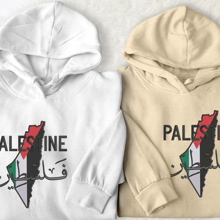 Embroidered Palestine Map Flag Hoodies, Palestine Arabic Calligraphy Name Pullover Jumper, Adults Sizes Unisex Sweater, Palestine Clothing