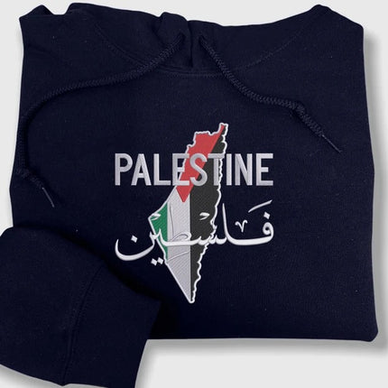 Embroidered Palestine Map Flag Hoodies, Palestine Arabic Calligraphy Name Pullover Jumper, Adults Sizes Unisex Sweater, Palestine Clothing