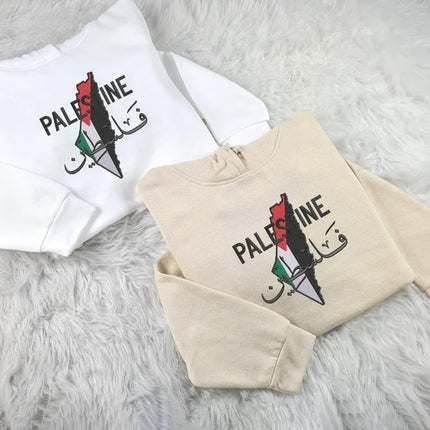 Embroidered Palestine Map Flag Hoodies, Palestine Arabic Calligraphy Name Pullover Jumper, Adults Sizes Unisex Sweater, Palestine Clothing