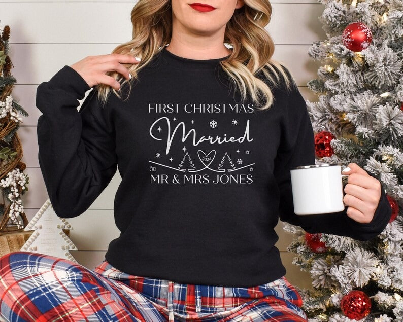 First Xmas Married Couple Sweatshirt, Personalised His & Hers Christmas Sweatshirt, Christmas Newlywed Couple Matching Tops, Xmas Outfits