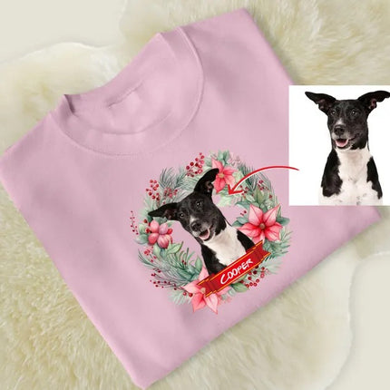 Custom Pet Photo Christmas Sweatshirt, Dog Photo & Name Ugly Xmas Sweatshirt, Christmas Wreath Printed Jumpers, Christmas Pet Lovers Gift