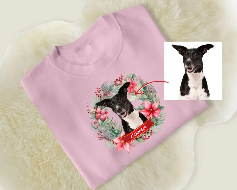 Custom Pet Photo Christmas Sweatshirt, Dog Photo & Name Ugly Xmas Sweatshirt, Christmas Wreath Printed Jumpers, Christmas Pet Lovers Gift