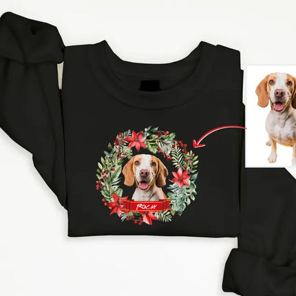 Custom Pet Photo Christmas Sweatshirt, Dog Photo & Name Ugly Xmas Sweatshirt, Christmas Wreath Printed Jumpers, Christmas Pet Lovers Gift
