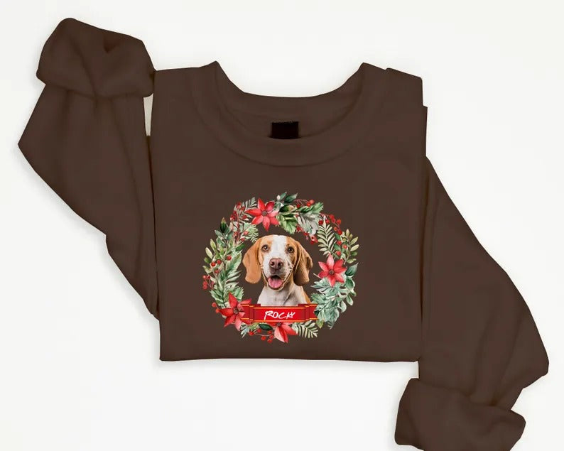 Custom Pet Photo Christmas Sweatshirt, Dog Photo & Name Ugly Xmas Sweatshirt, Christmas Wreath Printed Jumpers, Christmas Pet Lovers Gift