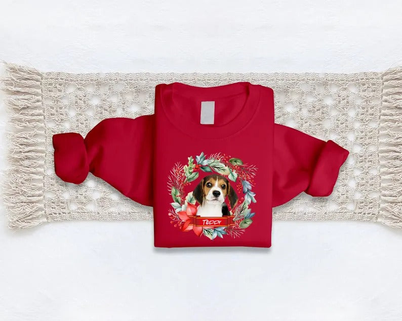 Custom Pet Photo Christmas Sweatshirt, Dog Photo & Name Ugly Xmas Sweatshirt, Christmas Wreath Printed Jumpers, Christmas Pet Lovers Gift