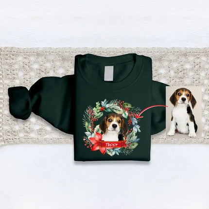 Custom Pet Photo Christmas Sweatshirt, Dog Photo & Name Ugly Xmas Sweatshirt, Christmas Wreath Printed Jumpers, Christmas Pet Lovers Gift