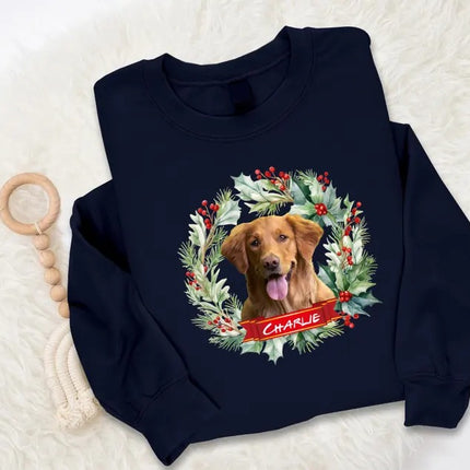Custom Pet Photo Christmas Sweatshirt, Dog Photo & Name Ugly Xmas Sweatshirt, Christmas Wreath Printed Jumpers, Christmas Pet Lovers Gift