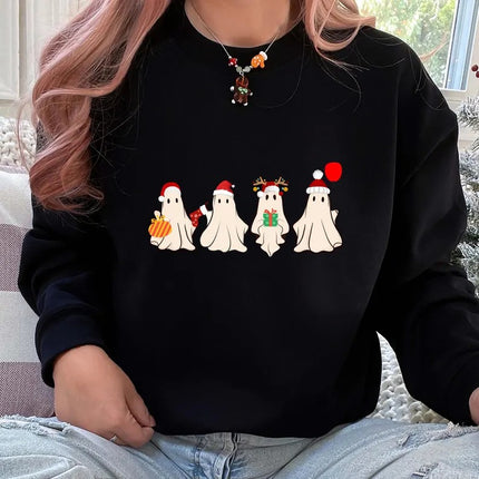 Christmas Ghost Santa Hat Sweatshirt, Retro Ghost Printed Xmas Crewneck Jumper