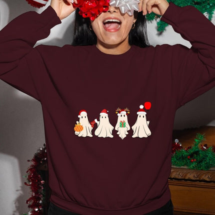 Christmas Ghost Santa Hat Sweatshirt, Retro Ghost Printed Xmas Crewneck Jumper