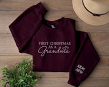 First Christmas As A Grandma Sweatshirt, Embroidered Christmas New Grandma Sweatshirt, Custom Grand Mother Name on Sleeves, Christmas Gifts