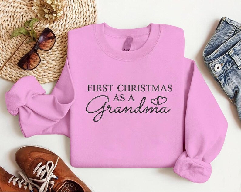 First Christmas As A Grandma Sweatshirt, Embroidered Christmas New Grandma Sweatshirt, Custom Grand Mother Name on Sleeves, Christmas Gifts