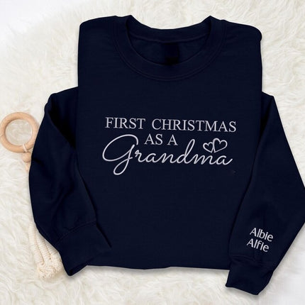 First Christmas As A Grandma Sweatshirt, Embroidered Christmas New Grandma Sweatshirt, Custom Grand Mother Name on Sleeves, Christmas Gifts