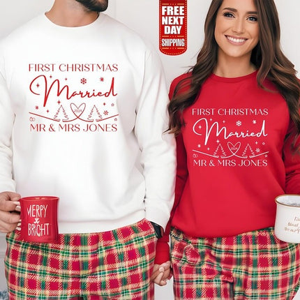 First Xmas Married Couple Sweatshirt, Personalised His & Hers Christmas Sweatshirt, Christmas Newlywed Couple Matching Tops, Xmas Outfits