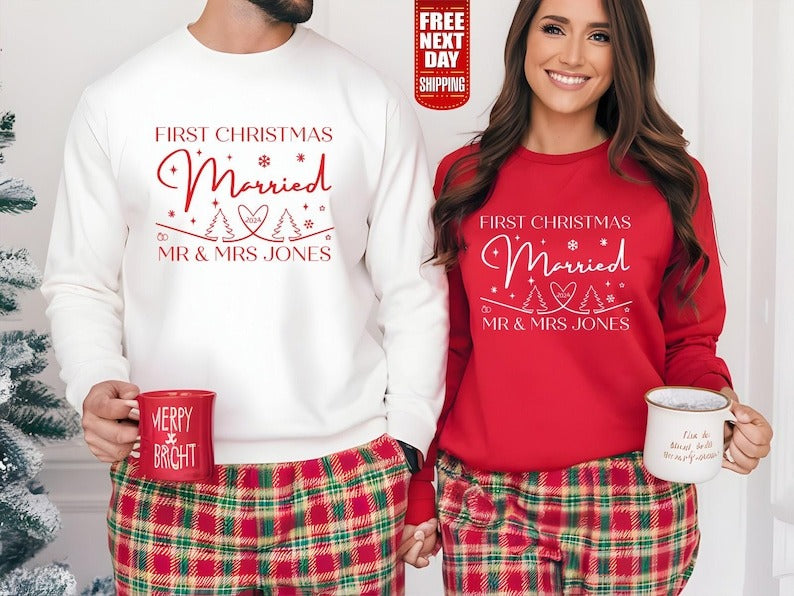 First Xmas Married Couple Sweatshirt, Personalised His & Hers Christmas Sweatshirt, Christmas Newlywed Couple Matching Tops, Xmas Outfits