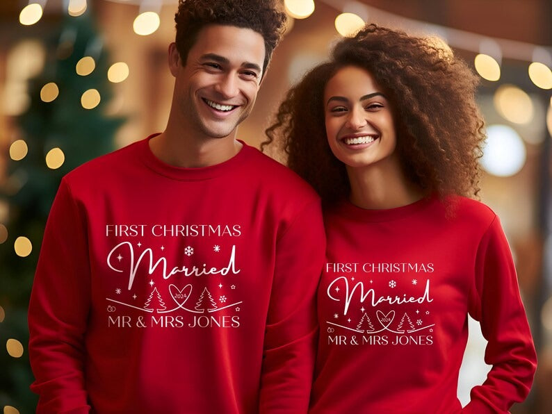 First Xmas Married Couple Sweatshirt, Personalised His & Hers Christmas Sweatshirt, Christmas Newlywed Couple Matching Tops, Xmas Outfits