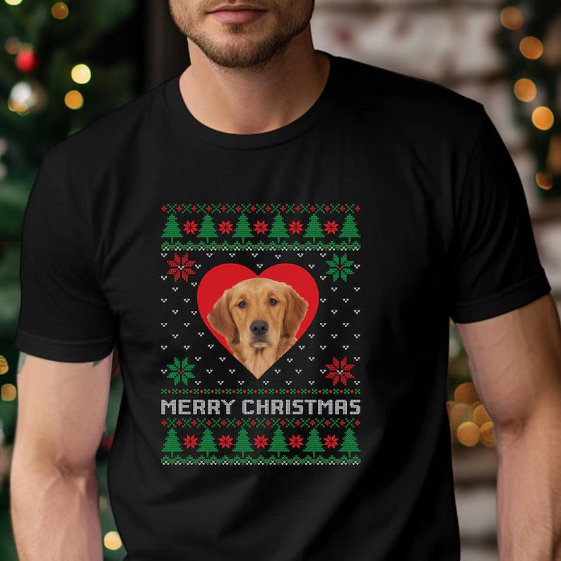 Custom Pet Photo Christmas Shirts, Personalised Christmas Dog Face T-Shirts, Xmas Holidays Ugly Printed Shirts, Christmas Pet Lovers Gifts