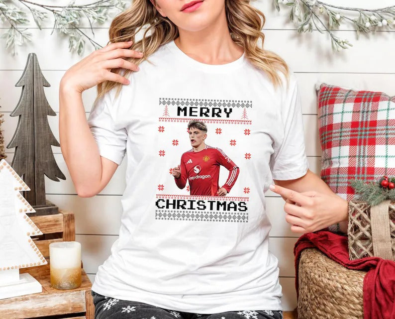 Manchester Garnacho Christmas Shirt, Garnacho Footballer Xmas Ugly TShirt, Christmas Football Lovers Printed Tops, Xmas Holiday Gift for Him