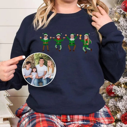 Family Photo Elf Christmas Sweatshirt, Personalised Dancing Elf Printed Sweatshirt, Xmas Elf Party Family Matching Top, Funny Christmas Gift