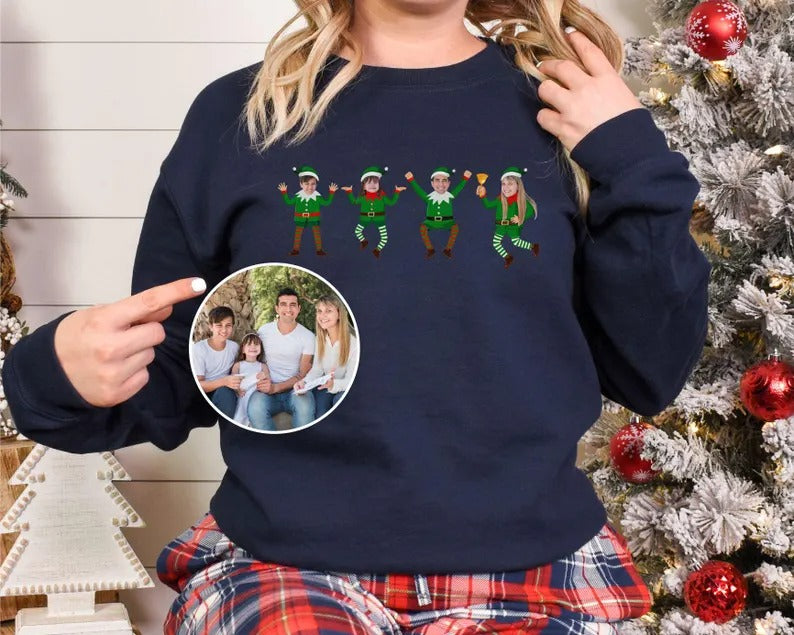 Family Photo Elf Christmas Sweatshirt, Personalised Dancing Elf Printed Sweatshirt, Xmas Elf Party Family Matching Top, Funny Christmas Gift