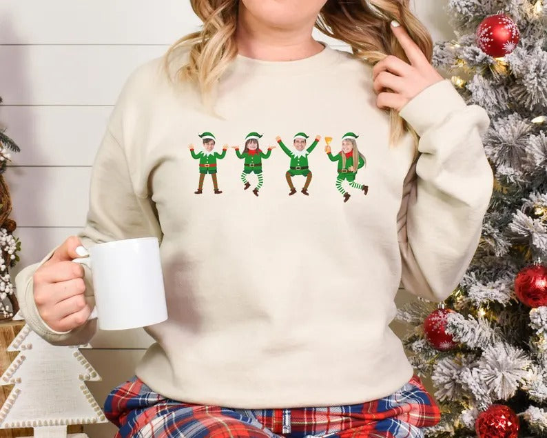 Family Photo Elf Christmas Sweatshirt, Personalised Dancing Elf Printed Sweatshirt, Xmas Elf Party Family Matching Top, Funny Christmas Gift