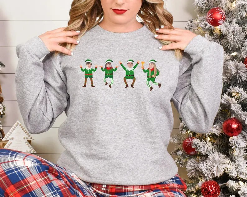 Family Photo Elf Christmas Sweatshirt, Personalised Dancing Elf Printed Sweatshirt, Xmas Elf Party Family Matching Top, Funny Christmas Gift