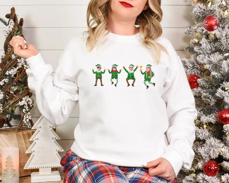 Family Photo Elf Christmas Sweatshirt, Personalised Dancing Elf Printed Sweatshirt, Xmas Elf Party Family Matching Top, Funny Christmas Gift