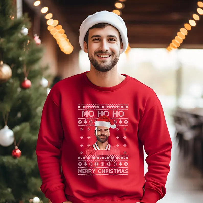 Mo Ho Ho Merry Christmas Sweatshirt, Mo Salah Red Ugly Christmas Jumper, Liverpool Salah Xmas Printed Sweater, Christmas Liverpool Fans Gift