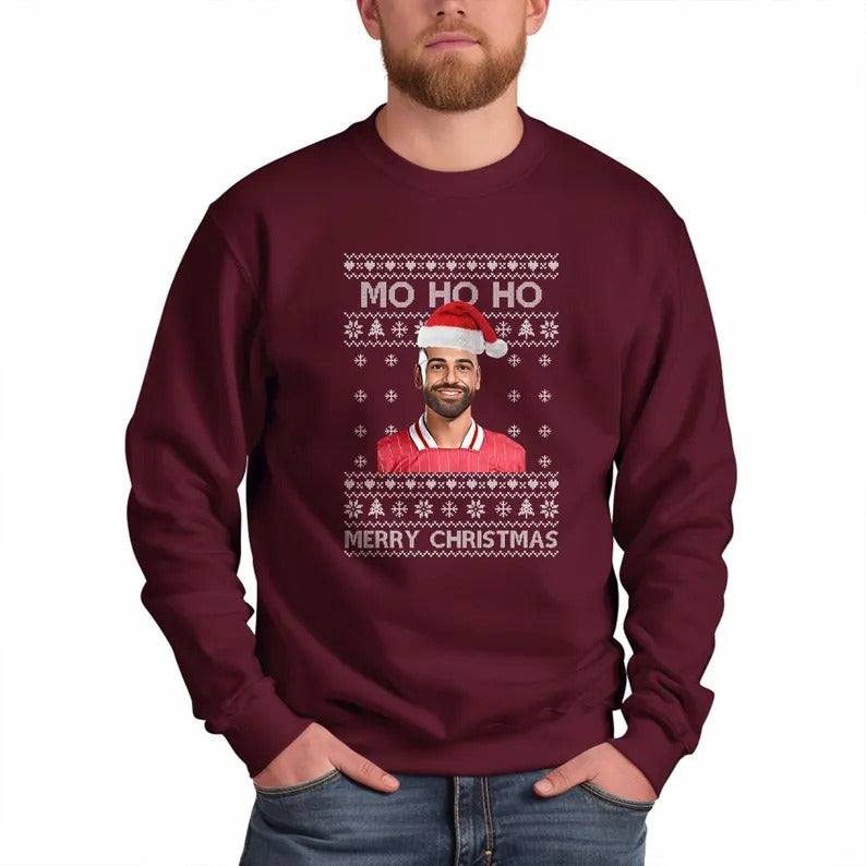 Mo Ho Ho Merry Christmas Sweatshirt, Mo Salah Red Ugly Christmas Jumper, Liverpool Salah Xmas Printed Sweater, Christmas Liverpool Fans Gift