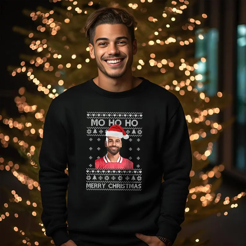 Mo Ho Ho Merry Christmas Sweatshirt, Mo Salah Red Ugly Christmas Jumper, Liverpool Salah Xmas Printed Sweater, Christmas Liverpool Fans Gift