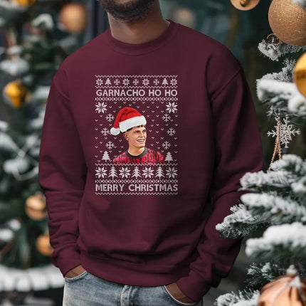 Garnacho Ho Ho Utd Red Sweatshirt, Manchester Garnacho Ugly Christmas Jumper