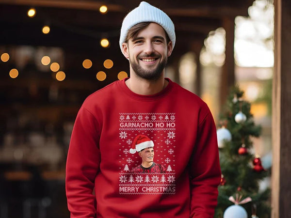 Garnacho Ho Ho Utd Red Sweatshirt, Manchester Garnacho Ugly Christmas Jumper, Xmas Football Lovers Printed Tops, Xmas Gift For United Fans