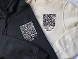 Custom Scannable QR Code Hoodie, Personalised Text QR Code Embroidered Hoody, Scan Me Social Media URL Graphic Jumper, Your Own Qr Code Tops