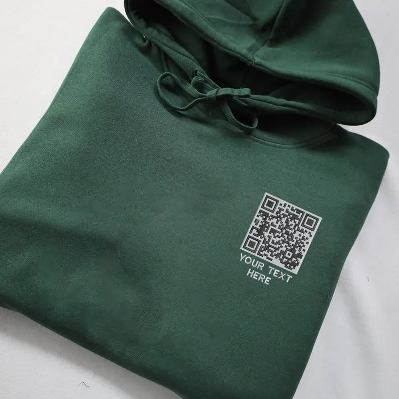 Custom Scannable QR Code Hoodie, Personalised Text QR Code Embroidered Hoody, Scan Me Social Media URL Graphic Jumper, Your Own Qr Code Tops