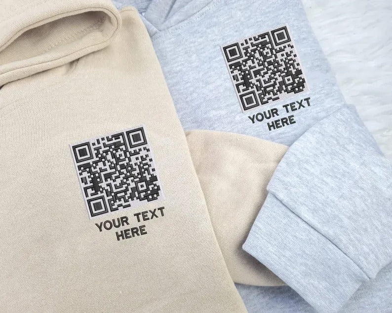 Custom Scannable QR Code Hoodie, Personalised Text QR Code Embroidered Hoody, Scan Me Social Media URL Graphic Jumper, Your Own Qr Code Tops