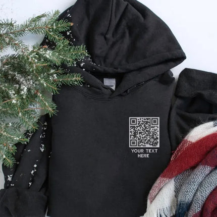 Custom Scannable QR Code Hoodie, Personalised Text QR Code Embroidered Hoody