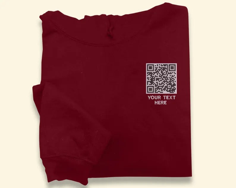 Custom Scannable QR Code Hoodie, Personalised Text QR Code Embroidered Hoody, Scan Me Social Media URL Graphic Jumper, Your Own Qr Code Tops