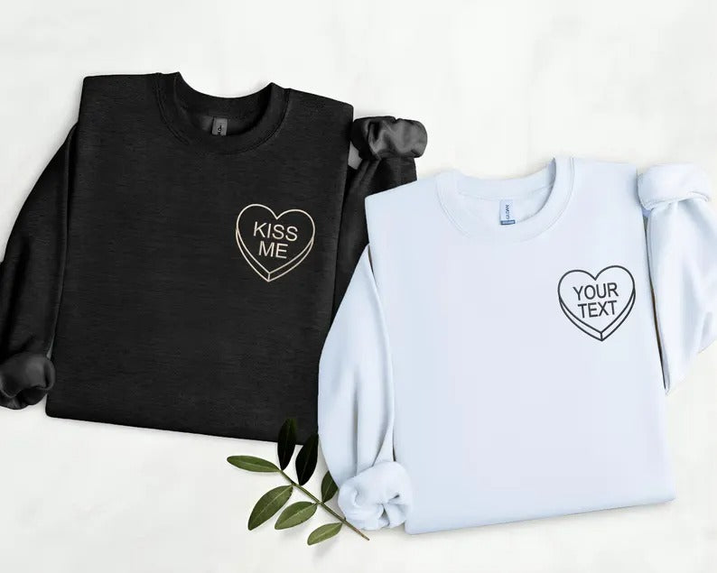 Custom Candy Heart Embroidered Jumper, Valentines Day Couple Matching Sweatshirt, Personalised Name/Text Sweatshirt, Valentines Gift for Her