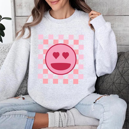 Valentines Day Smiley Face Sweatshirt, Retro Happy Face Sweater for Women, Valentines Day Checkered Printed Crewneck Jumper, Gifts for Her