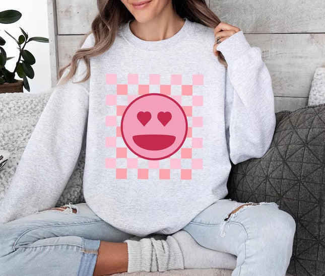 Valentines Day Smiley Face Sweatshirt, Retro Happy Face Sweater for Women, Valentines Day Checkered Printed Crewneck Jumper, Gifts for Her