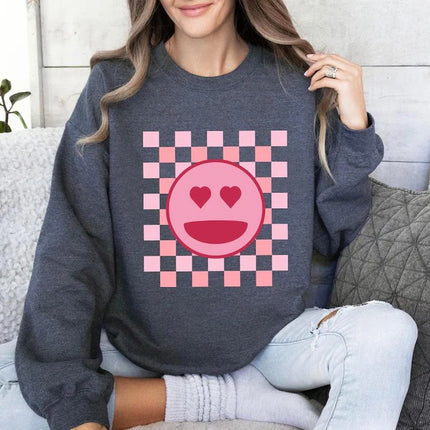 Valentines Day Smiley Face Sweatshirt, Retro Happy Face Sweater for Women, Valentines Day Checkered Printed Crewneck Jumper, Gifts for Her