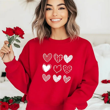 Valentines Hearts Woman Sweatshirt, Valentine Day Printed Sweater for Her, Nine Hearts Crewneck Jumper, Valentine Day Gifts for Girlfriend
