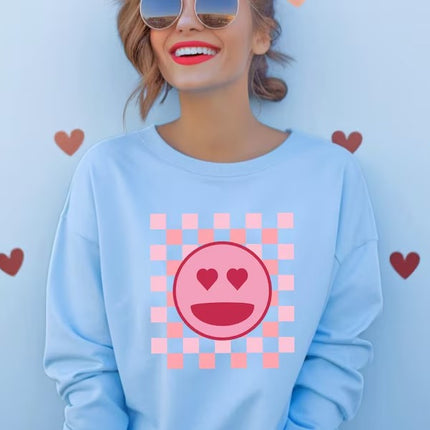 Valentines Day Smiley Face Sweatshirt, Retro Happy Face Sweater for Women, Valentines Day Checkered Printed Crewneck Jumper, Gifts for Her