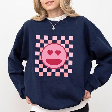 Valentines Day Smiley Face Sweatshirt, Retro Happy Face Sweater for Women, Valentines Day Checkered Printed Crewneck Jumper, Gifts for Her