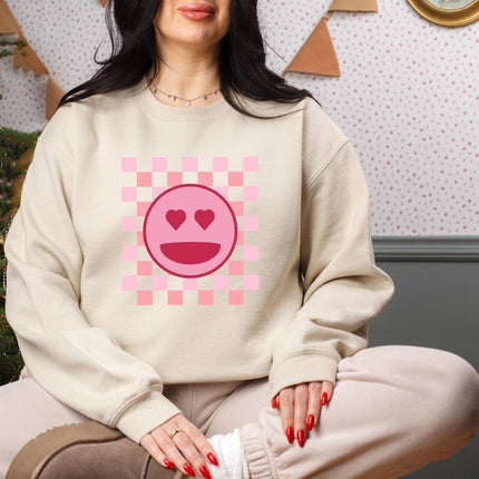 Valentines Day Smiley Face Sweatshirt, Retro Happy Face Sweater for Women, Valentines Day Checkered Printed Crewneck Jumper, Gifts for Her