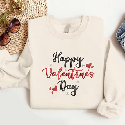 Embroidered Happy Valentines Day Sweatshirt, Love Day Valentine Sweater for Women, Valentines Day Crewneck Jumpers, Valentine Gifts for Her