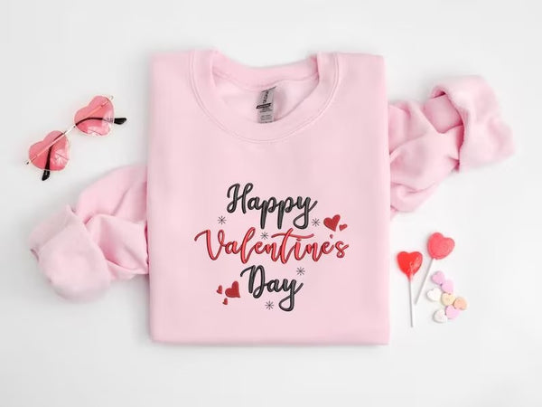 Embroidered Happy Valentines Day Sweatshirt, Love Day Valentine Sweater for Women, Valentines Day Crewneck Jumpers, Valentine Gifts for Her